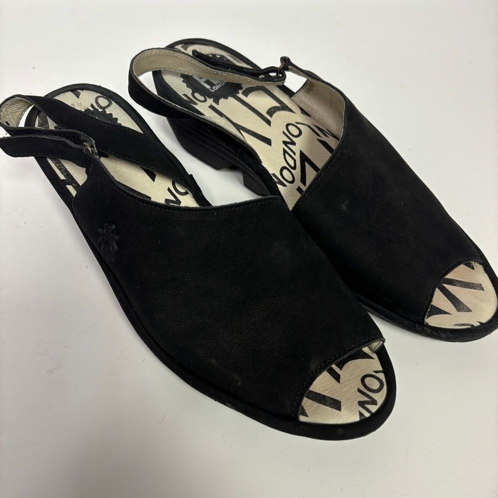 Fly London Black Palp Slingback Sandals with Peep-Toe Women’s 41